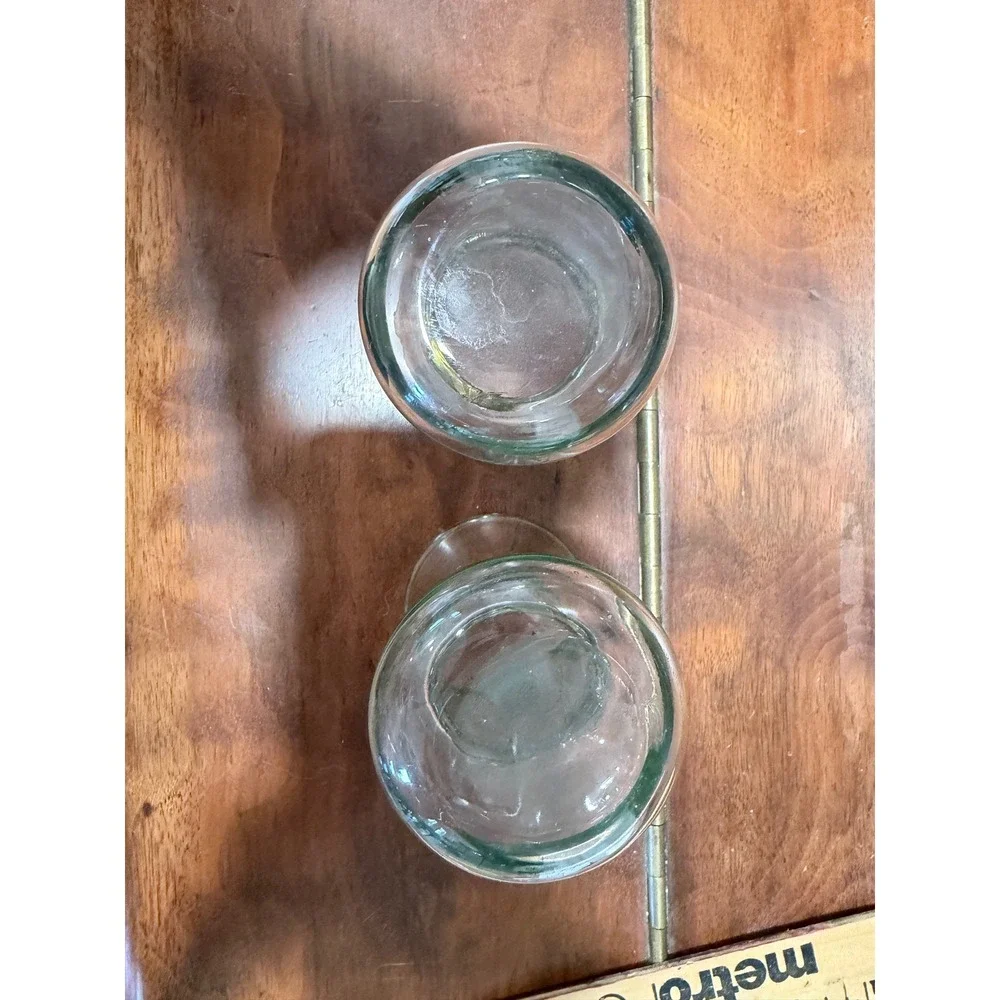 Vintage Hand Blown Glass Bud Vases Pair Green Banded Clear Hourglass 4 Inch